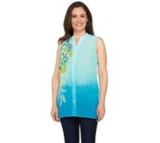 Susan Graver Size 4 Turquoise Printed Sheer Chiffon Sleeveless Shirt