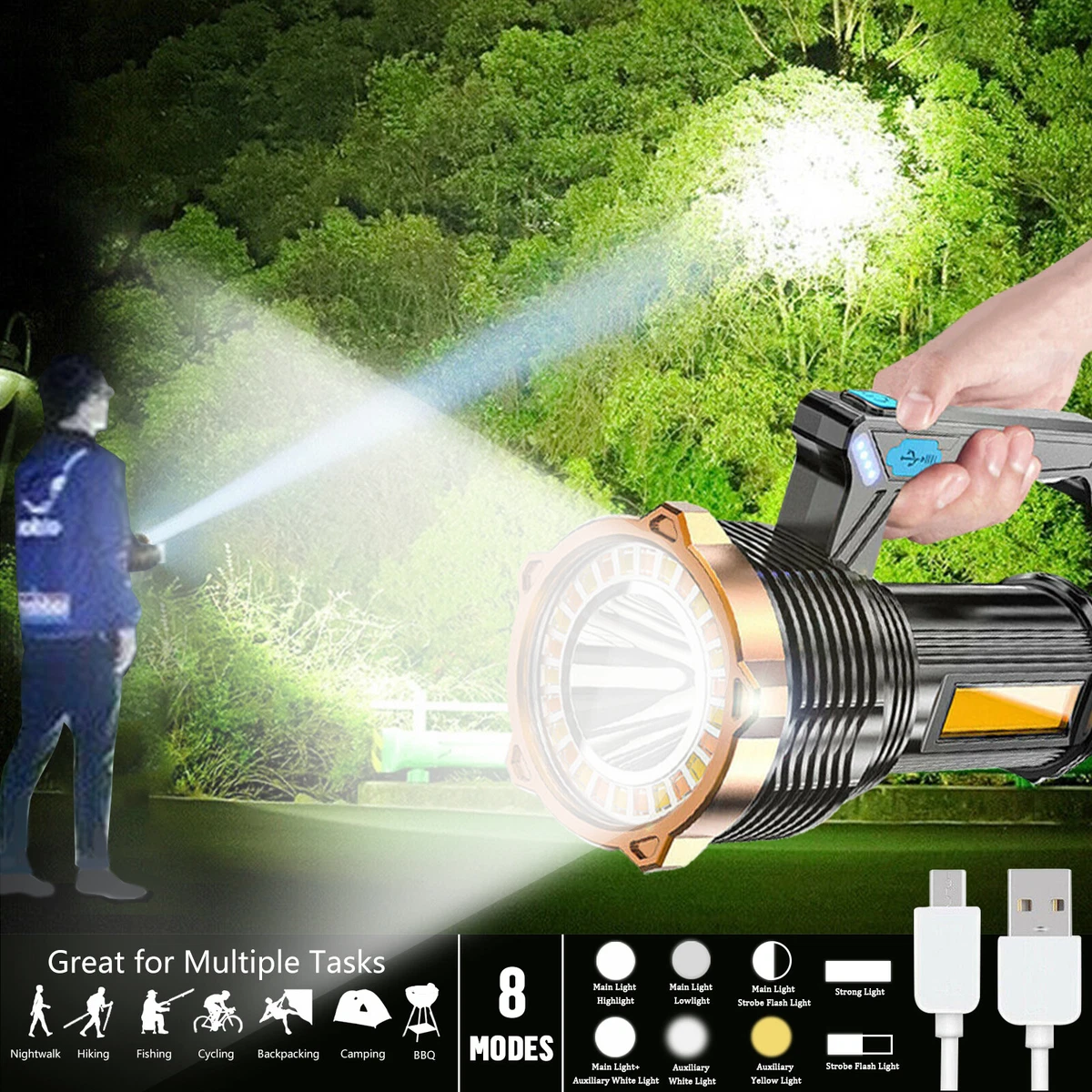 5 LED Flashlight, Portable ABS Torch with COB Side Lights, USB  Rechargeable, 4 Modes Flash Light, Home Car Repair Worklight Hiking Camping  Fishing Lantern (Color Black)