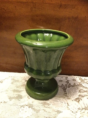 Vintage Haeger USA Pottery Olive Green 7” Fluted Pedestal Goblet Urn Planter