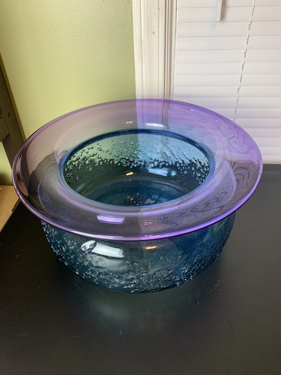 Vintage Kosta Boda Art Glass Peacock Blue Purple Textured Large