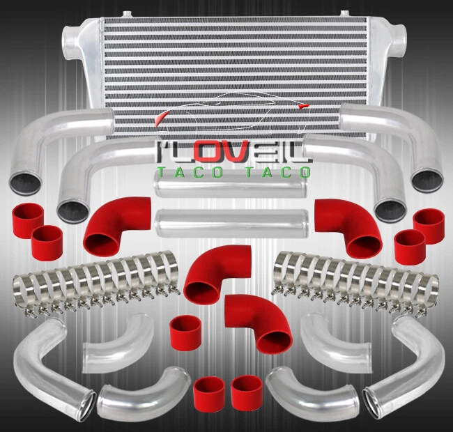 3" In/Outlet Intercooler + 12Pc Aluminum Pipe Piping Kit + Red Coupler +Clamps Foto 2 de 3