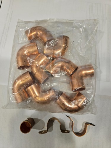 9 NIBCO 3/4" x 3/4" Copper Pressure 90Β° Cup x Cup Fittings + 2 straps + 1/2" fit