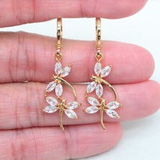18K Yellow Gold Filled Women Clear Mystic Topaz Dragonfly Dangle Earrings