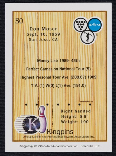Tarjeta de bolos Kingpins 1990 firmada por Don Moser #50 - PBA Bowler automática - Imagen 2 de 2