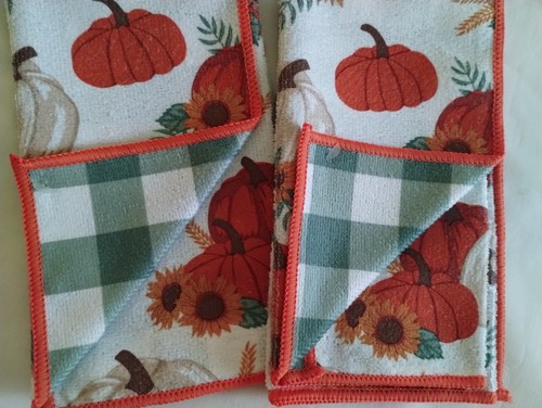 NWT 2 FALL HARVEST ORANGE PUMPKIN & SUNFLOWER REVERSIBLE KITCHEN TOWELS DECOR - Picture 2 of 6