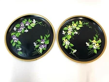 2 Toleware Trays Platter Signed Pilgrim Art No 500 black purple yellow flowers