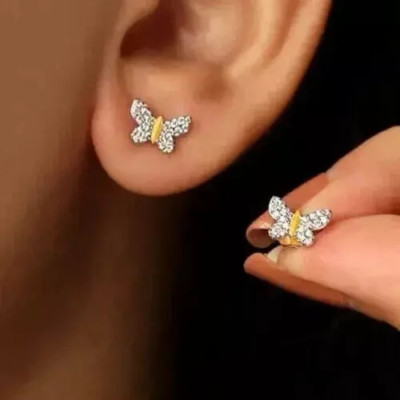 1Ct Round Cut Real Moissanite Butterfly Stud Earring 14K Yellow Gold Plated