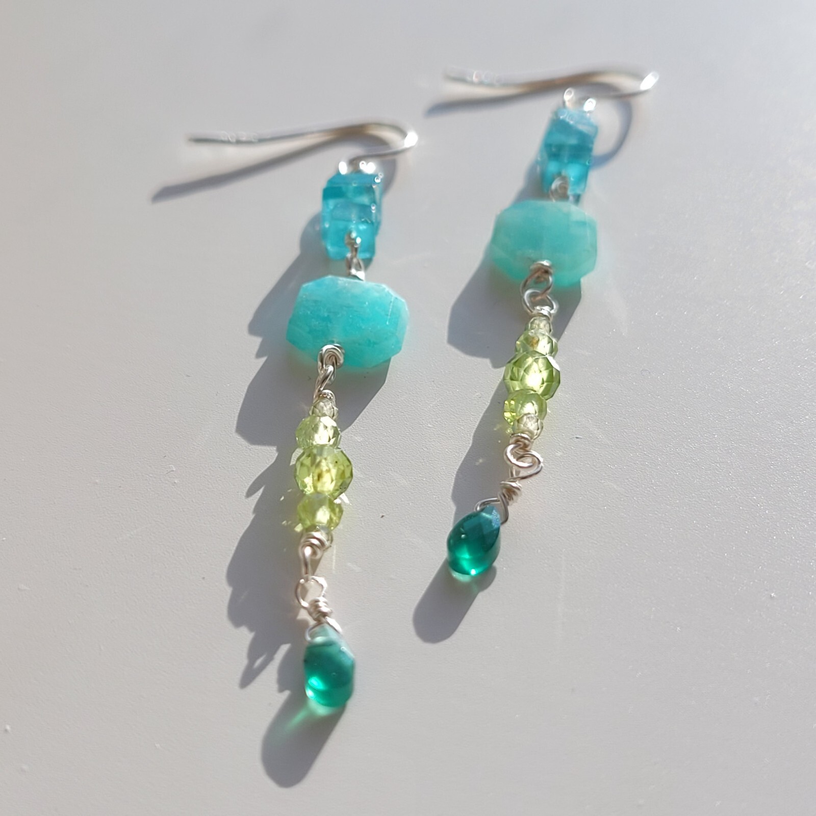 Boucles d'oreilles apatite amazonite péridot en argent massif, haute joaillerie artisanale #1383