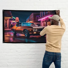 1970 GTO on a Small Town Street, Night Moves Wall Art Flag, w/ Iron Grommets