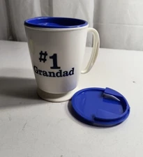 Vintage Plastic Travel Mug & Base " #1 Grandad" White & Blue Double Sided 