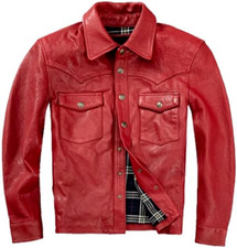 Men's Red Lambskin Leather Shirt Real Lambskin Biker Leather Jacket