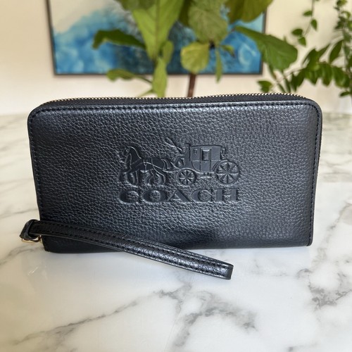Coach Jes Large Phone Wallet w/ Horse & Carriage Black Leather Zip Around F75908