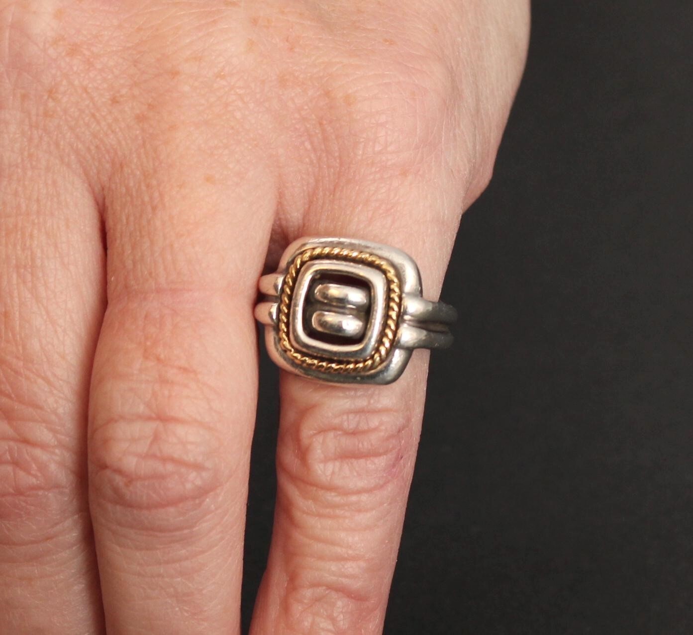 Vintage Tiffany & Co Sterling Silver & 18K Gold Square Cushion Rope Ring NR