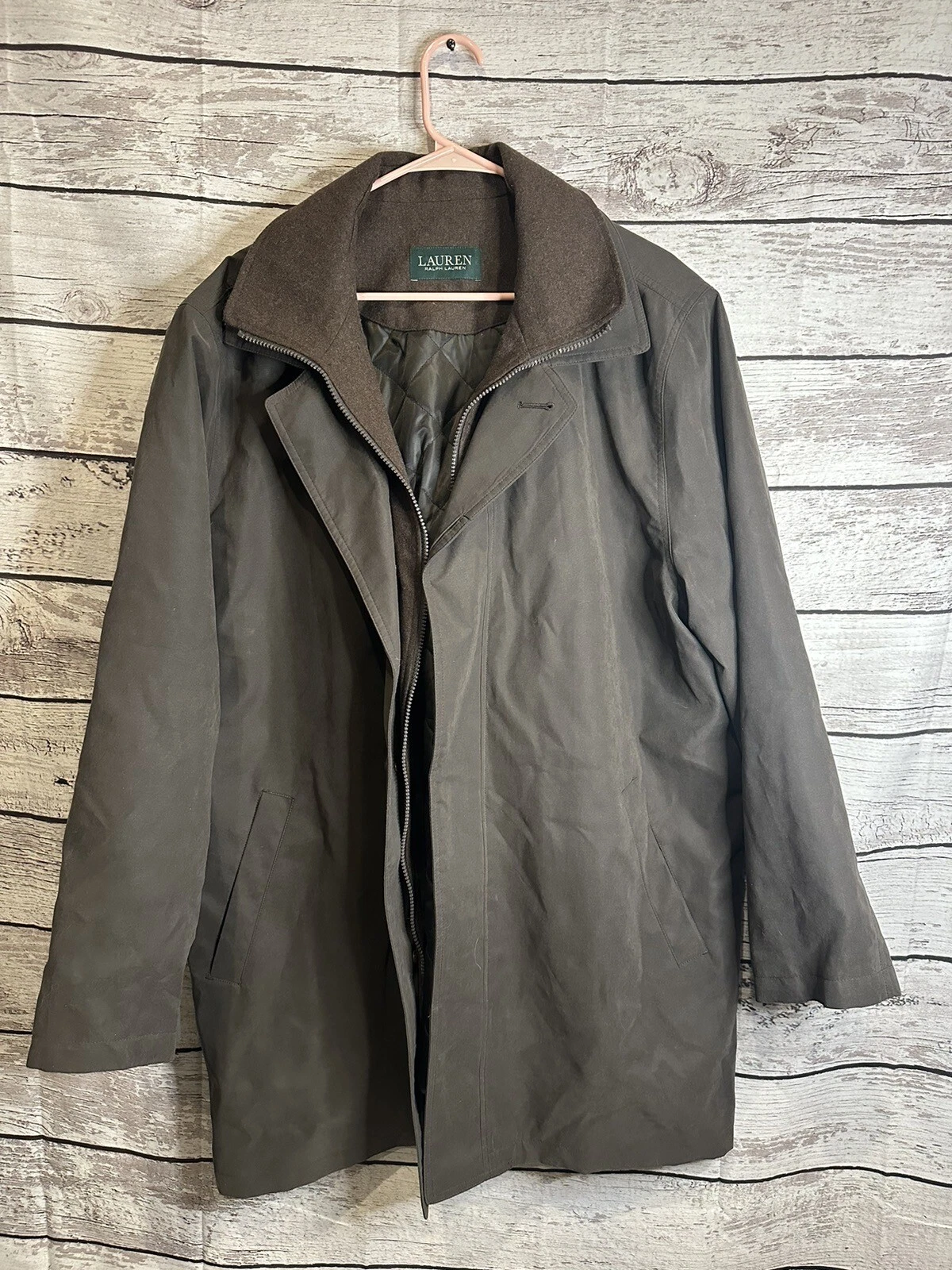 Ralph Lauren Coat Mens Size 44R Removable Lining Long Brown Overcoat Rain Jacket