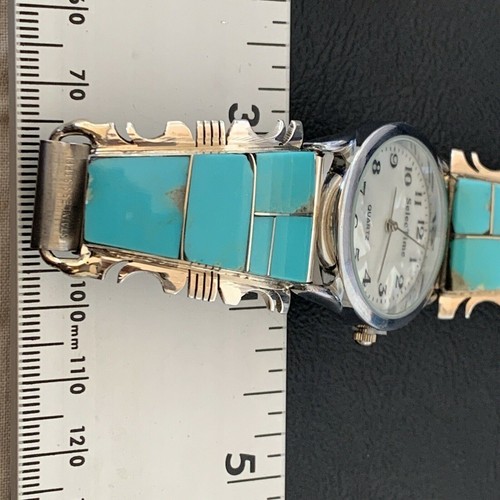 Correa de puntas de reloj navajo de plata esterlina con incrustaciones de turquesa azul para hombre 2094 - Imagen 4 de 12