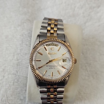 Vintage Mens Two Tone Elgin Presidential Style Day/Date Quartz Watch Running H