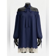 Michael Kors Navy Off-Shoulder Tie-Neck Tunic with Cream Lace Hem