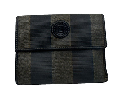 FENDI Women's Pecan Canvas Leather Brown Black Compact Trifold Wallet Italy USA
