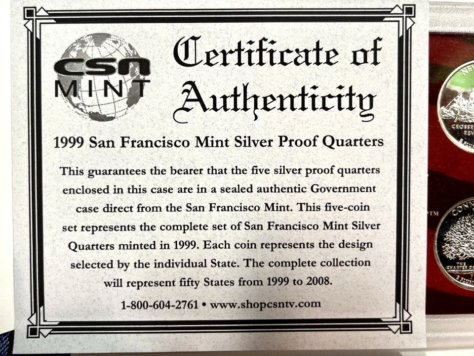 S• Casa de la Moneda de San Francisco 1999• Juego de prueba de plata estatal• 5 cuartos encapsulados• Certificado de autenticidad• Foto 4 de 4