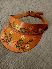 Vintage 60s 70s Hippie Boho Woodstock Tooled Leather Painted Flowers Sun Visor