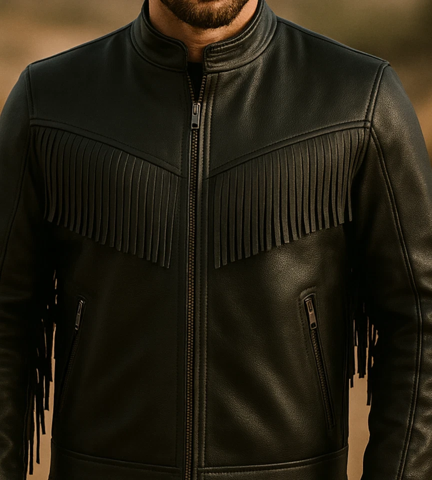 Chaqueta de cuero con flecos occidentales para hombre - Abrigo de rodeo vaquero de cuero de vaca real negro Foto 4 de 4