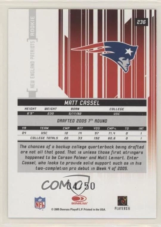 2005 Leaf Rookies & Stars Rookie Longevity Parallel /50 Matt Cassel #236 Auto RC - Image 2 of 2