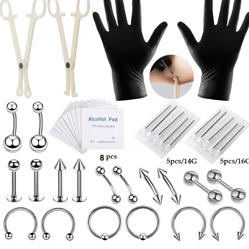 40 PC Trendy Stainless Steel Piercing Set Random One Set, Nose Bone Ear Tragus N