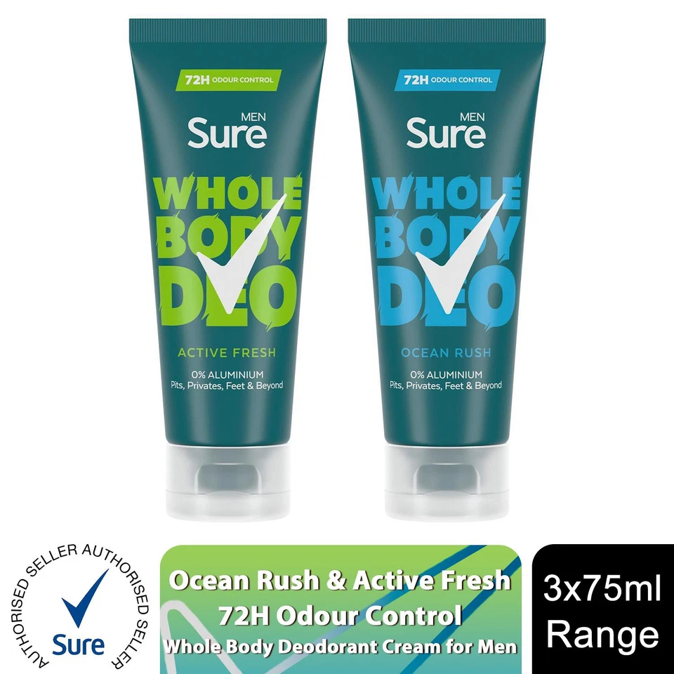 Sure Men Whole Body Deodorant Cream Ocean Rush & Active Fresh 75ml, 3 Pack