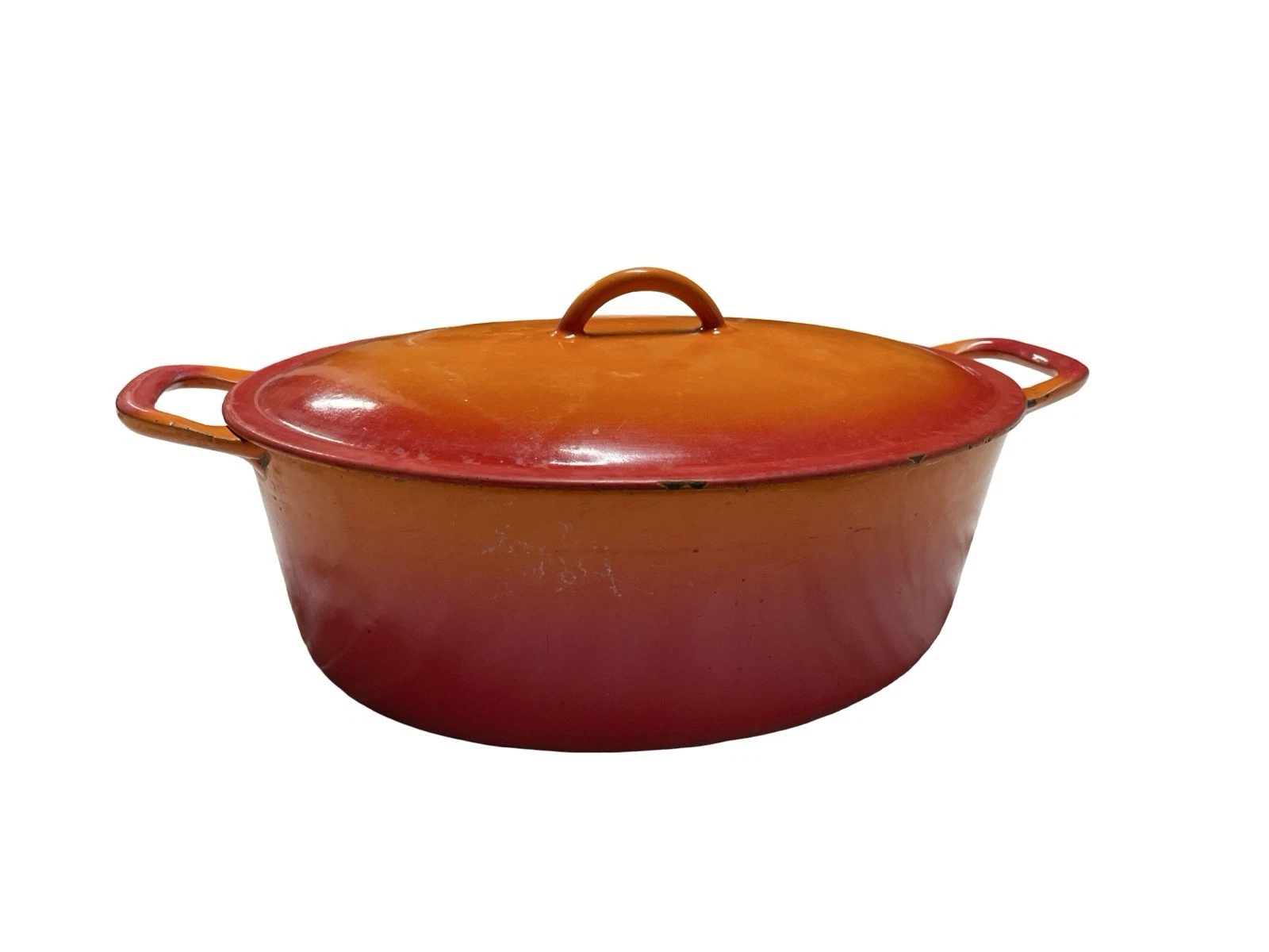 Vintage Descoware Flame Orange Dutch Oven 4 Quart Enamel Cast Iron Oval Belgium
