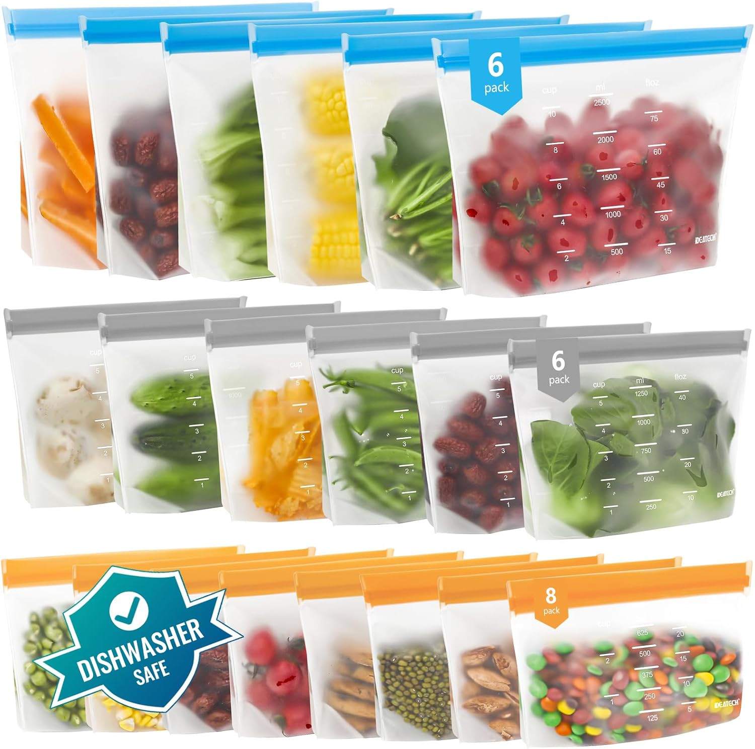 Reusable 20 Pack Freezer Silicone Bags Large Food Storage Stand Pouches BPA Free