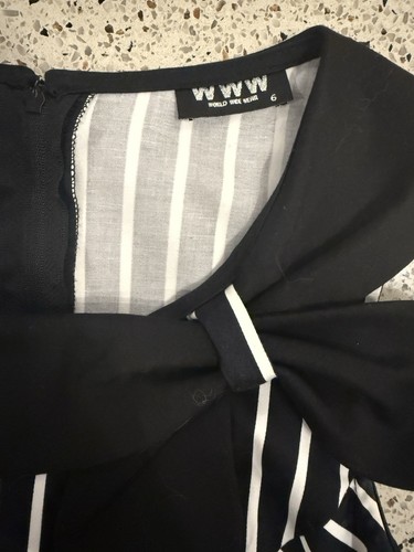 World Wide Wear Stripy Monochrome Dress AU 6 Sailor Collar Neck Bow Fit Flare - Picture 8 of 13
