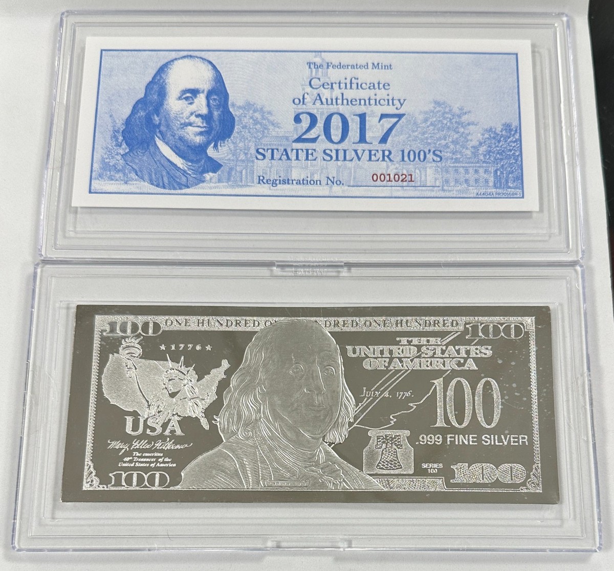 State Silver 2017 Ben Franklin $100 1 Troy Oz .999 Fine Silver w