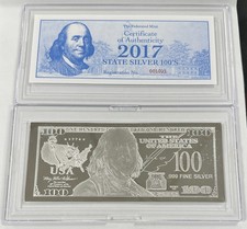 State Silver 2017 Ben Franklin $100 1 Troy Oz .999 Fine Silver w/ Case