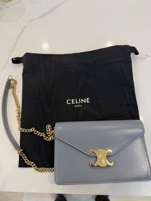 Celine Wallet On Chain , Triomphe  Bag With Chains, Leather Blue Grey, authentic