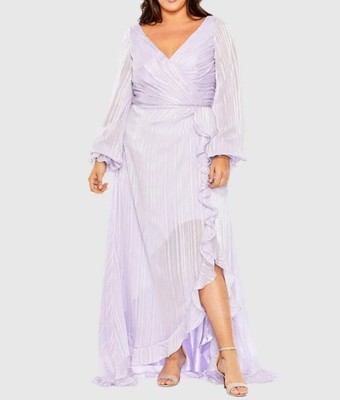 MAC DUGGAL Purple Striped Faux Wrap Bishop Sleeve Gown Size 20 W