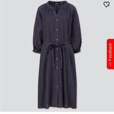 Uniqlo Navy 100% Cotton Button Front Midi Peasant Dress Balloon Sleeves Size S