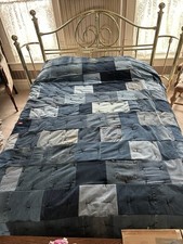 Queen Size Denim Quilt Backed With Grey Black Plaid Flannel 83 x 92