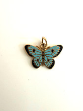 14k Yellow Gold Aqua Navy Blue Enamel Butterfly Charm Pendant