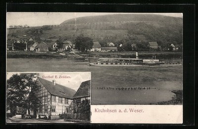 AK Kirchohsen a. d. Weser, Gasthof E. Zeddies, Dampfer vor dem Ort 1913 