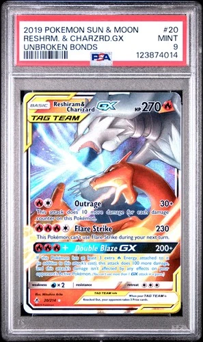 2019 POKEMON SUN & MOON UNBROKEN BONDS #20 RESHIRAM & CHARIZARD GX PSA 9