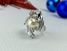 925 Sterling Silver Pearl  CZ Ring Size 6