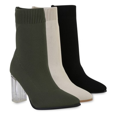 VAN HILL Damen Schlupfstiefeletten Sofia Stiefeletten Strick Transparent Absatz