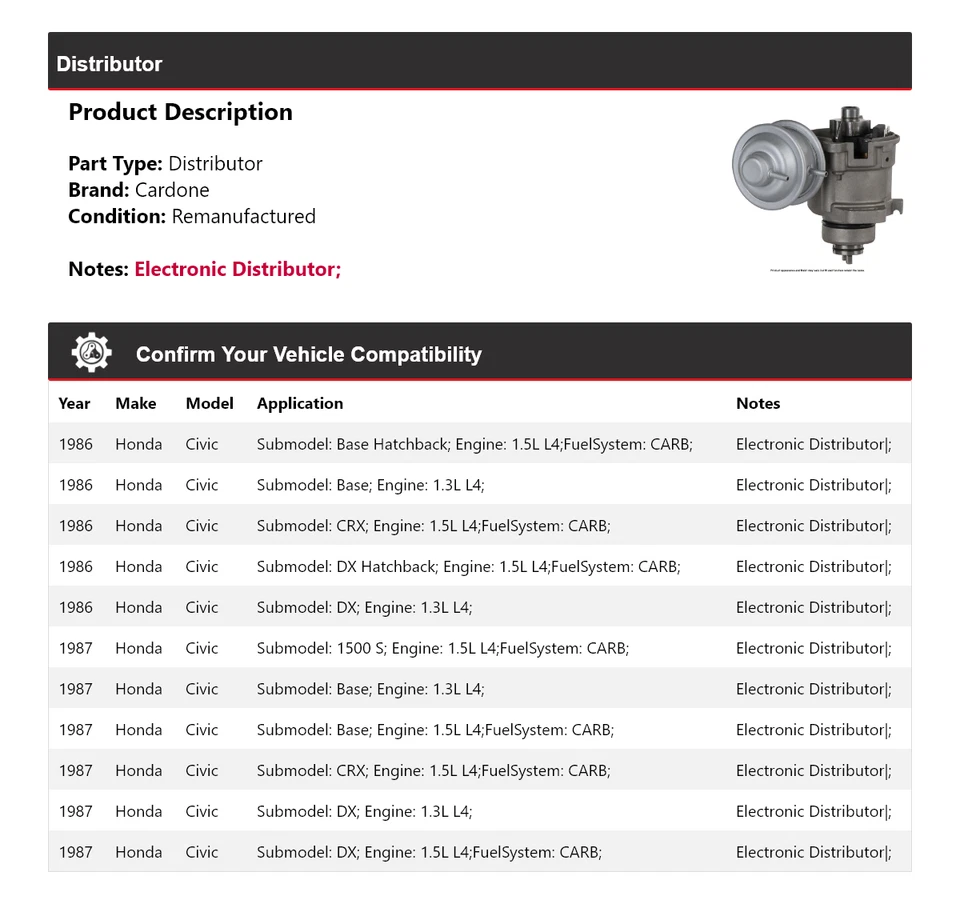 Cardone distribuidor Honda Civic 1986-1987 Foto 2 de 4