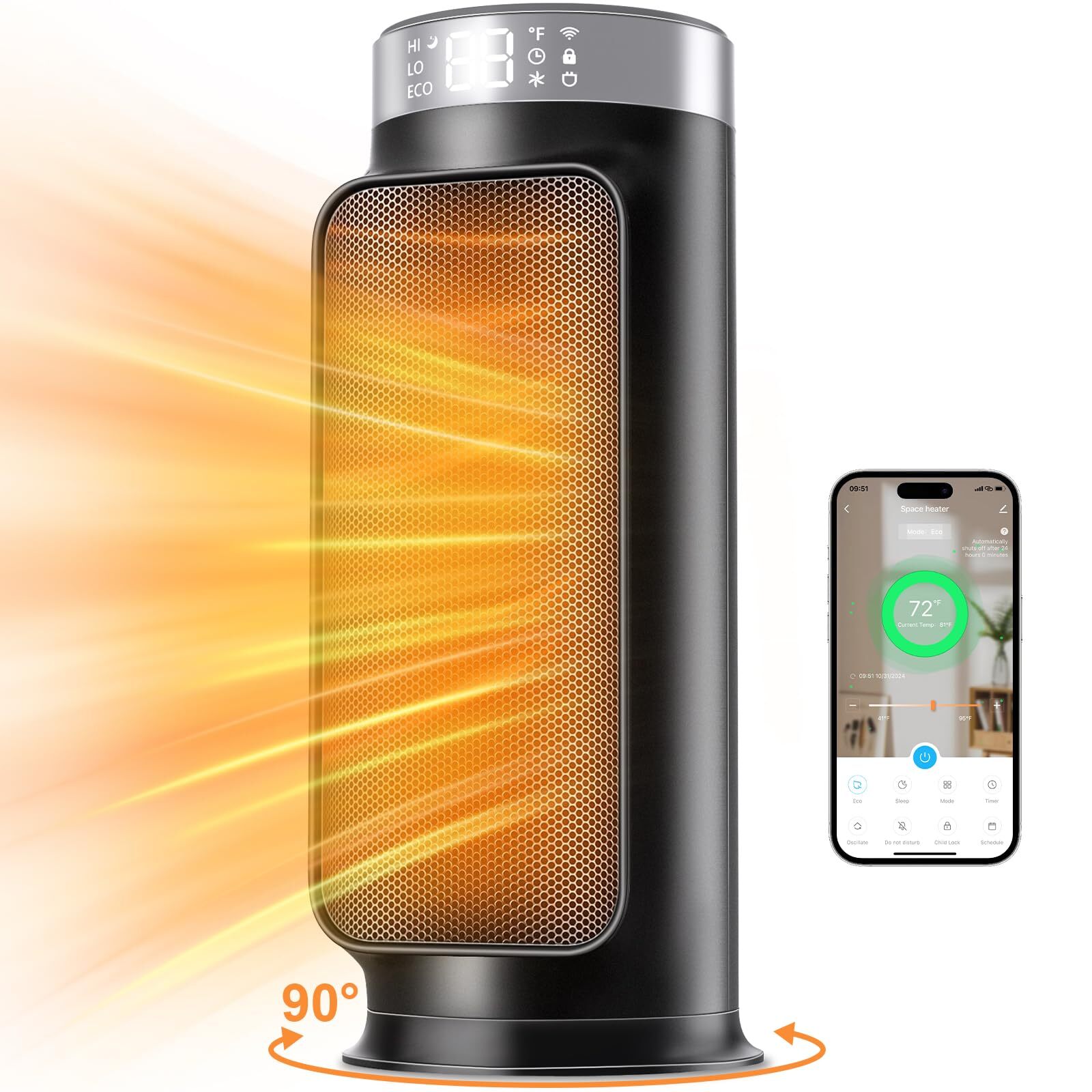 1500W Space Heaters for Indoor Use, Smart PTC Electric Heater with Wifi/App &...