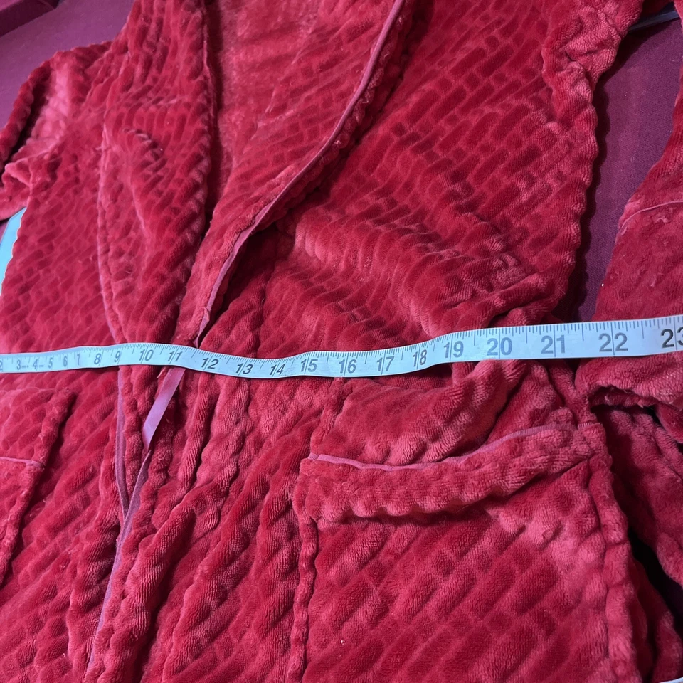Soft Surroundings Cranberry RED LONG ROBE SOFT Plush pockets Gathered Back BELT - Image 3 of 4