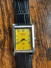 vintage Seiko Slim Tank Quartz Men Yellow Dial Black leather Dress Watch
