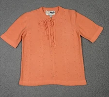 VTG Wenjilli Top Womens 13/14 Peach Pointelle Lace Up Knit Stretch Career 70s