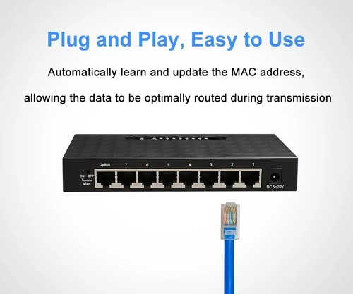 8-Ports 10/100/1000Mbps Unmanaged Ethernet Switch Home Network Hub Plug-and-Play - Photo 9/22