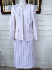 Vintage 1970s White Peach Striped Skirt Suit