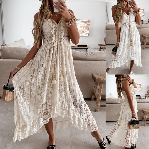 Women Lace Long Midi Dress Ladies Summer Holiday Boho V Neck Strappy Sundress ~ - Picture 2 of 12